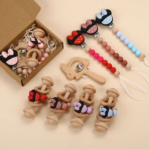 3st Boxed Cartoon Mouse Silicone Baby Pacifier Chain Clip Wood Bunny Teether Spädbarn Handheld Rattle Molar Toys Set Gifts 231221