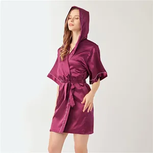 Frauen Nachtwäsche Frauen Hausmantel Robe lange Kapuze -Seidenroben Satin Kimono Bad Female Fleece -Schal mit Taschen für Frauen