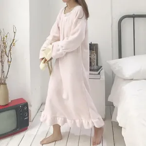 Women's Sleepwear Nightgowns Women Flannel Fleece Sweet Nightdress Cute Solid Warm Sleepshirt Girl Night Dress Winter Home Dressing Gown