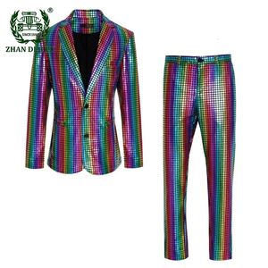 Sumpiosi paillettes metalliche verde per uomini Blazer con pantaloni set a doppia uscita di discotene Disco Nightclub Costume Homme 4xl 231221