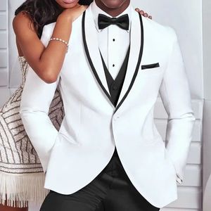 新郎のための白と黒の結婚式のタキシード3ピーススリムフィットの男性スーツマンファッションコスチュームジャケットパンツベスト到着231221