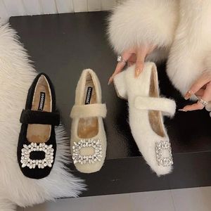 Dress Shoes Shallow Mouth Plus Velvet For Women Side Buckle Rhinestone Walking White Thick Heel Modern