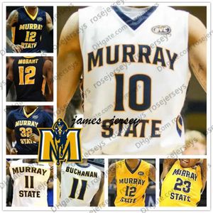 Jam NCAA Murray State Racers #10 Tevin Brown 5 Marcus 3 Исаия Ханаан 23 KJ Williams Briion Sanchious Navy Blue Yellow White Jersey S-4xl