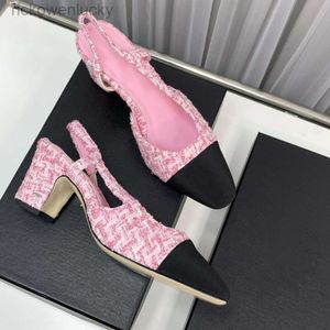 kanalskor cha kvinnor klänningsskor chunky klackar 6 cm tweed klassisk rosa denim slingbacks sandaler fyrkantiga tår slip på bröllop sko retro tofflor damer mule lyxy l l