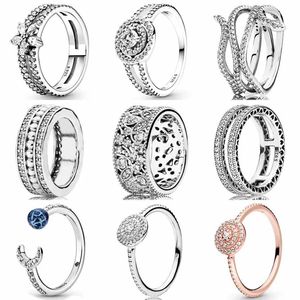 NEU 925 Sterling Silber Ring Schimmernblätter dickes Band elegantes Sparkle Double Hearts Schneeflockenring für Frauen Schmuck