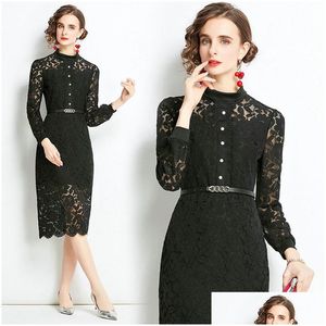 Work Dresses Women Boutiqu Lace Dress Long Sleeve Hollow Slim 2024 Spring Summer High-End Noble Lady Ol Party Drop Delivery Apparel Wo Dhyem