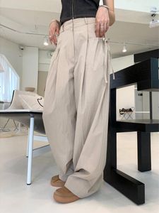 Women's Pants Beige Pleated High Waist Office Ladies Wide Legs Womens Casual Loose Lace Up Pocket Design Trousers Summer 2023