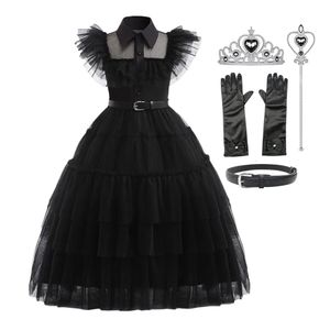 Vestidos da menina vestidos vestido para meninas traje gótico criança adolescente quartas-feiras addams dança vestidos halloween cosplay robe roupas 230803