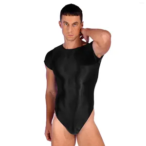 Kvinnors badkläder Mens Glossy High Cut Bodysuit One-Piece Swimsuit Solid Color Short Sleeve Leotard Gymnastics Yoga Fitness Sportwear