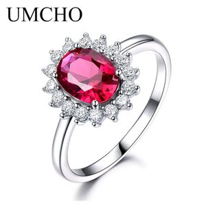 Wedding Rings UMCHO Real 925 Sterling Silver Nano Red Gemstone Ruby Rings for Women Princess Diana Wedding Engagement Party Gift Fine Jewelry 231222