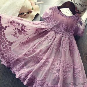 Mädchenkleider Mädchen Kleid Stickerei Prinzessin Party Herbst Frühling Kinder Kinder Kleidung elegante lila und weiße 3-8t Spitzen Blumenmädchenkleider