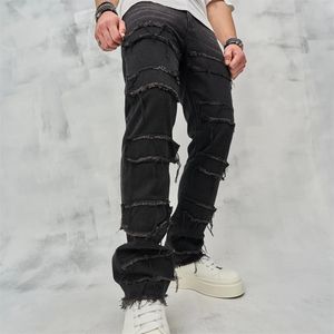 Herrlöst staplade raka jeans herrbyxor herrens fashionabla hiphop hål lapp mäns denim byxor 231222