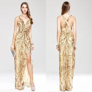 Party Dresses B0056 V-neck Sexy Embroidery Sequin High Slit Criss Cross Prom Maxi Ball Gown Women Gold Long Sleeveless Formal A-Line