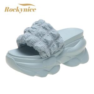 FLOPS NOVOS MULHERES DE MULHERES DE VERÃO FLIPFLOPS SLUPS SLIPPERS MULHERS PLAPATIVAS ALTURAS SANDALS AZUL EXTERIOR 8 CM