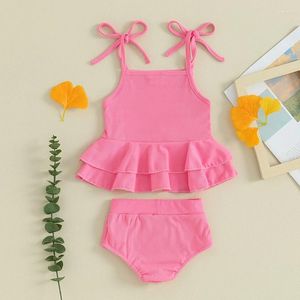 Giyim Setleri Toddler Bebek Kız Kız Mayo Düz Renkli Bikini 2 Parçası Banyo Takım Takım Straps Tepp Tops Şort Yaz Plaj Kıyafetleri Set