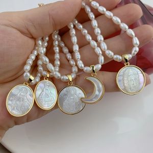 Fashion Choker Pearl Necklace For Women Natural Mop Sea Shell Holy Jungfru Mary Guadalupe Religious Medal Pendant Jewelry Gifts 231221