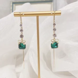 Stud Earrings 1 Pair Emerald Square Zircon Long Ear Line Retro Temperament Light Luxury Tassel Niche Senior Sense Accessories