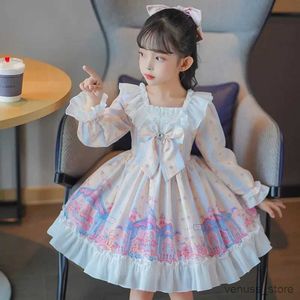 Vestidos para meninas, vestido de princesa lolita, primavera/outono, manga comprida, vestido estampado, roupas infantis para meninas de 3 a 12 anos