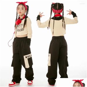 Bühne Wear Hip Hop Dance Clothes Girls Anzug lang Ärmeln Crops Schwarze Hosen Jazz Kostüm Praxis Performance Kleidung BL11785 Drop DHGCL