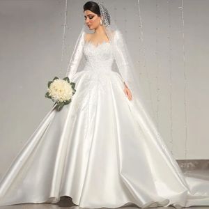 Elegant Satin White Luxury Wedding Dress 2024 Sheer Neck Beading Pearls Lace Up Bridal Gown Arabic Bubai Custom Made Vestidos De Noiva