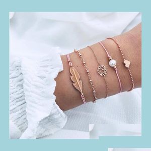 チャームブレスレットボヘミアン5pcs/set leaves love love love love lotus pearl bracelet chain woven mtilayer set womans fashion gold jewelry wholowessa dhcze