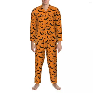 Męska odzież snu Halloween Bat Pajama Zestawy pomarańczowe i czarne modne kobietę w stylu długich śluzówek 2-częściowy garnitur domowy