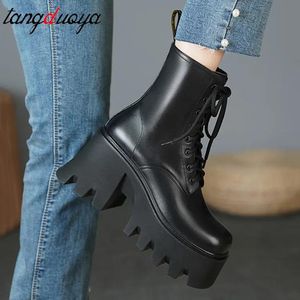 Boots Punk Goth Ankle Boots Women Black Chunky Wedge Platform Shoes Woman Lace Autumn Patent Leather Footwear Lady Botas Mujer