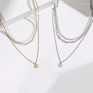 Pendanthalsband All-Match 3-Piece Set 2023 Temperament Women Necklace Fashion Multi-Layer Pearl Disc Long Hole Clavicle Chain Romantic