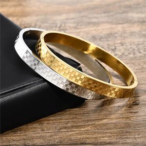 Bangle KOTiK Punk Vintage Stylish Checkered Cuff Bracelets For Men Gold Color Stainless Steel Father Boyfriend Birthday Gifts