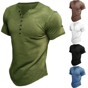 Camisetas T Men Camisetas de algodão camisa masculina botão sólido Manga curta Camise