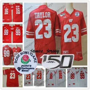 JAM 2020 Wisconsin Football #23 Jonathan Taylor 16 Russell Wilson 99 JJ Watt Red White Rose Bowl NCAA 150th CFB Jersey