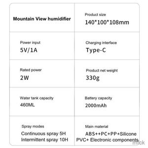 Luftfuktare Mountain View Wireless Ultrasonic Foidifier Home USB Air Freshener Mini Portable AROM Diffusor med varm lampbil Mist Maker