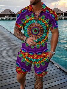 Herrspårar Summermönster Luxury 3D Print Casual Training Suit (2 -stycken set med dragkedja Polo -skjorta och shorts) Street Style Menswear