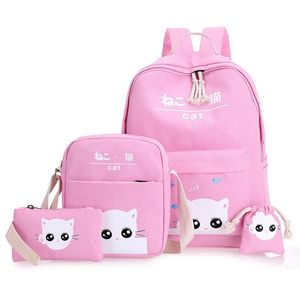 バッグ4pcs/set backpackスクールバッグガールズ猫の猫の印刷キャンバス子供学校バックパックティーンエイジャーの女の子プレッピーなリュックサックかわいい本バッグ