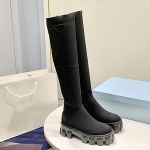 Women Designer Boots Autumn and Winter Triangle Label Knitted Socks Boots Platform Soles Elastic Socks Thigh-High Boots