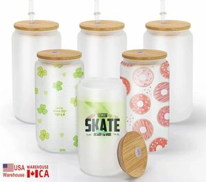 USA/CA Local Warehouse 16oz Sublimation Glass Can Glasses Beer Glass Tumbler Frosted Drinking Mugs with Bamboo Lid and Reusable Straw 0512