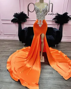 Siyah kızlar için seksi portakal balo elbiseleri yarık boncuklar rhinestone gece elbiseleri uzun kadife vestidos de fiesta parti elbise