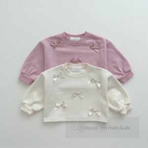 Sweet Girls Ribbon Bows Applique Sweatshirt Kids Rouns Collar Slave Slove Slove 2024 Spring Crianças Cotton Casual Jumper Tops Z6227