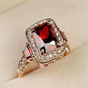 Sprzedawanie 18 -karatowego Rose Gold Please Perfect Cut Red Ruby Rectangle Austrian Crystal Luxury Lady Finger Ring Whatle 18krgp328k