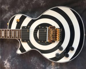 Hot Wholesale High quality black and white round custom left hand guitars with gold tremolo electric guitars for free shipping