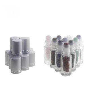 5ml Essential Oil Roller Bottles Glass Roll on Perfume Bottles with Crushed Natural Crystal Quartz Stone Crystal Roller Ball Silver Cap Pcab