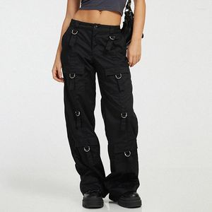 Spodnie damskie Goth Dark Pocket D-ring d-ring Y2K Streetwear Cargo Gothic Grunge Fashion szeroko nogi spodnie technologiczne