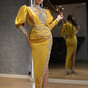 Casual Dresses Autumn Women's Fashion Round Neck Long Sleeve Yellow Temperament Elegant Slim-Fit Bag Buttock Slit Dress
