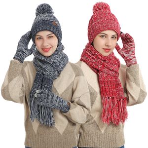 Kvinnor Vinter håller varm set fleece foder beanie tellefingers handskar förtjockas halsduk ullgarn stickad ljuddämpare hatt halsduk
