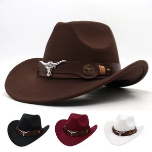 Cappello nero da cowboy occidentale con decorazioni per toro classico brim jazz imitazione cappelli di lana per donne sentirsi cavaliere 231221