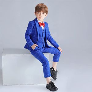 Meninos 4 peças Plaids formais fãs de capa fit slim calças, incluindo tampe arco -boi kids smoking para festa de casamento ocasiões formais lb1805