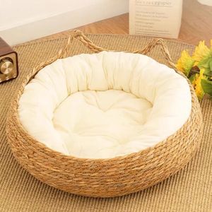 Cat Bed Pet Nest Pure Manual Rattan Woven Cattailgrass Cat Scratch Board Removable Washable Winter Warm Pad All-seasonPet 231222