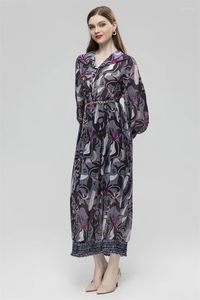 캐주얼 드레스 2023 패션 활주로 봄 여름 여성 턴 다운 칼라 랜턴 슬리브 싱글 가슴 빈티지 인쇄 긴 드레스
