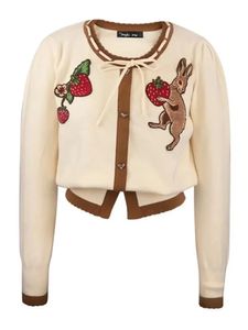 2024 Autumn Stylish Elegant Knit Sweater Cardigan Women Rabbit Strawberry Embroidered Bowtie Knitwear Tops Long Sleeve Jumpers 231221