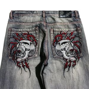 Haftowa czaszka streetwearu workowate dżinsy Y2K gotycki trend męski Mens Hip Hip Hip High talia szeroka noga Pants 231222